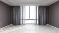 Room with the brown wall, beige marble floor, wide panoramic window, and gray curtain. Royalty Free Stock Photo