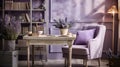 a room with a chair, a table and a book shelf Mediterranean interior Workspace with Lavender color Royalty Free Stock Photo