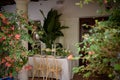 Room with two chairs and table setting with candles, bouquets of flowers and plates, bushes with flowers in the foreground