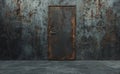 The room is characterized by its dark concrete walls and an old door, shown in a 3D rendering Royalty Free Stock Photo