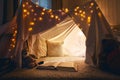 Room of children empty tent lodge in the evening