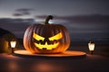 A large halloween pumpkin outside with two lit lanterns. Generative AI