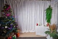 A room with a Christmas tree, a table and a curtain decorated for Christmas and New Year. A place for photo shoots in