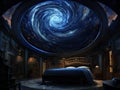 a room with a circular ceiling and a bed and a spiral sky