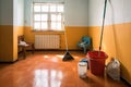 room with cleaning supplies, including mop bucket, broom, and dustpan
