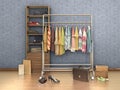 Room with clothes, shelf, boxes and shoes, Royalty Free Stock Photo