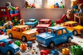 room cluttered with an array of colorful toys strewn about the floor, plush toys piled in a haphazard delight Royalty Free Stock Photo