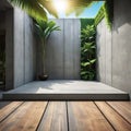 A room with a concrete an empty ancient wood plank a tropical landscape as the and sunshine entering the