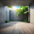 A room with a concrete an empty ancient wood plank a tropical landscape as the and sunshine entering the