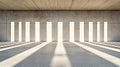 A room with concrete walls and ceiling, featuring a series of rectangular openings and long shadows cast by the sun. Royalty Free Stock Photo