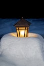 Snow covered lantern light in the dark