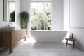 wood interior home house modern bathroom white bathtub architecture luxury clean. Generative AI. Royalty Free Stock Photo