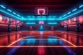 empty game indoor background interior nobody black neon hall arena corridor basketball. Generative AI.