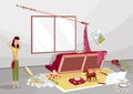 Room damaged by dog. Problem of pet dog owner, bad domestic animal behavior vector illustration. Frustrated girl