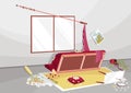 Room damaged by dog. Problem of pet owner, bad domestic animal behavior vector illustration. Maked mess, damaged