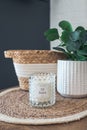 Room decor, candle, green plant and wicker basket, close-up interior details Royalty Free Stock Photo