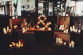 A room decorated with candles and lights