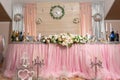 Room with decorated tables and chairs, wedding ceremony, buffet and dining room in the scenery Royalty Free Stock Photo