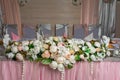Room with decorated tables and chairs, wedding ceremony, buffet and dining room in the scenery Royalty Free Stock Photo