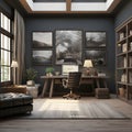 a room with a desk, chair, bookshelf and pictures on the wall Farmhouse interior Workspace with