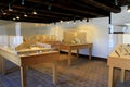 Room with display of uncovered pottery and eating utensils,Fort Ticonderoga,New York,2015