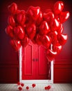 Room with door and heart shaped balloons. Concept of Valentines day, romantic background.