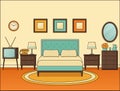 Bedroom retro interior. Hotel room in flat design. Vector illustration. Royalty Free Stock Photo