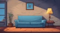 Tranquil Living Room With Blue Couch And Curious Bird Comic