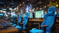Professional Gamer Cafe With Powerful Computers and Blue Game Chairs Designed for Cyber Sport Activities in a Vibrant Royalty Free Stock Photo