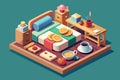 A room featuring a bed with crisp sheets, a wooden table, and a steaming cup of coffee, Breakfast from bed Customizable Isometric