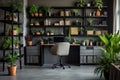 A room featuring a desk and shelves, all brimming with an assortment of lush potted plants, The interior of a contemporary home