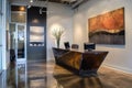 A room featuring a large metal sculpture and a painting on the wall, A reception area with a sleek desk and modern artwork on the