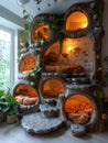 Room with treeshaped bed made of rocks and pumpkininspired tableware Royalty Free Stock Photo