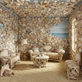 A room featuring walls and ceiling adorned with a vast array of seashells and starfish, Royalty Free Stock Photo