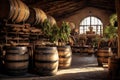 A room filled with an abundance of wooden barrels creates a captivating and rustic ambiance, winery with wine wooden barrels, AI Royalty Free Stock Photo