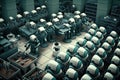 room filled with androids, each performing specific task in a factory setting