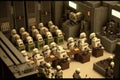 room filled with androids, each performing specific task in a factory setting