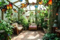 A Room Filled With Green Plants and Butterflies, A Lush Oasis of Nature, A charming Victorian-era conservatory filled with