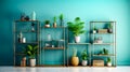 Room filled with lots of potted plants on top of wooden shelves. Generative AI Royalty Free Stock Photo