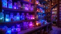 A room filled with a multitude of glass jars, each containing a source of light, creating a captivating display, Magical potion