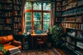 A room filled with numerous books, bookshelves, a desk, and various pieces of furniture, A cozy study nook with a desk, chair, and Royalty Free Stock Photo