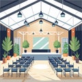 Room filled with numerous chairs and lush green plants in an industrial event space with a minimalist design An industrial-style