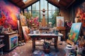 Room Filled With Paintings and Art Supplies for Creating Beautiful Artworks, A vibrant artist\'s studio filled with canv