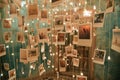 Room Filled With Pictures and Hanging Lights, A room adorned with strings of romantic Polaroid photographs, AI Generated