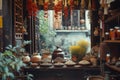 A Room Filled With Pots and Plants, A traditional Chinese medicine shop with hanging herbs, AI Generated Royalty Free Stock Photo