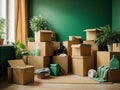 Assembled boxes with furniture and belongings waiting to move to a new apartment. Generative AI