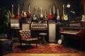 A room filled with various musical instruments such as guitars, pianos, drums, and violins, Vintage music recording studio with