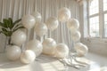 A room filled with white balloons and a potted plant