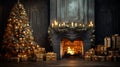 A room with a fireplace decorated with Christmas decorations with a tree and New Year\'s gifts