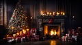 A room with a fireplace decorated with Christmas decorations with a tree and New Year\'s gifts